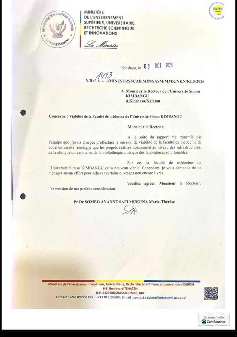 ESURSI : la Faculté de Médecine Humaine de l’Université Simon Kimbangu officiellement déclarée à nouveau viable